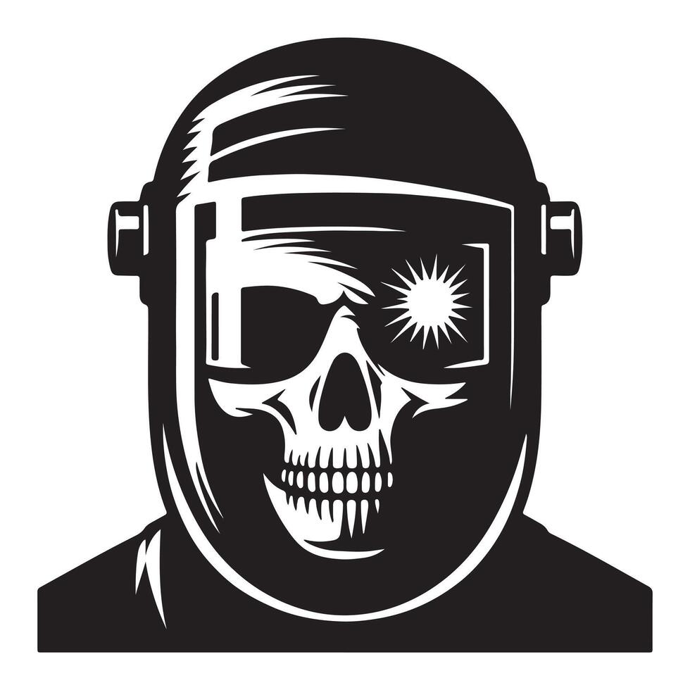 Skull in Welding Helmet with American Flag Background - Black and White Illustration Symbolizing Industrial Strength and Patriotism vector
