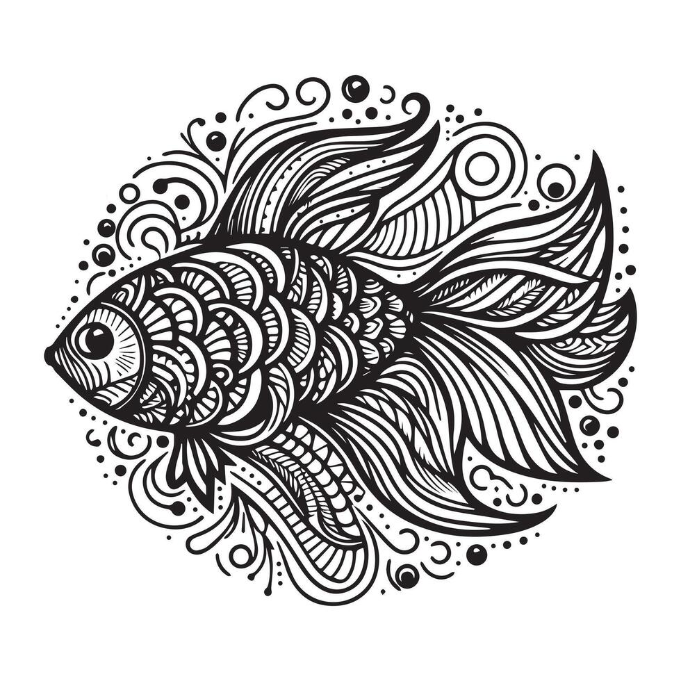 Intricate Black and White Fish Illustration with Decorative Patterns, Perfect for Coloring Pages or Tattoos vector