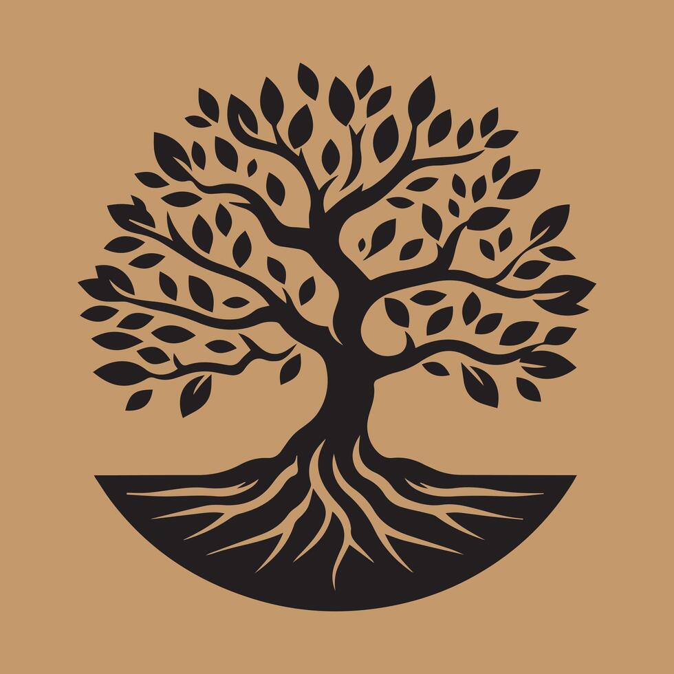 Black Silhouette Tree with Roots on Brown Background - Elegant Nature Illustration, Botanical Art vector