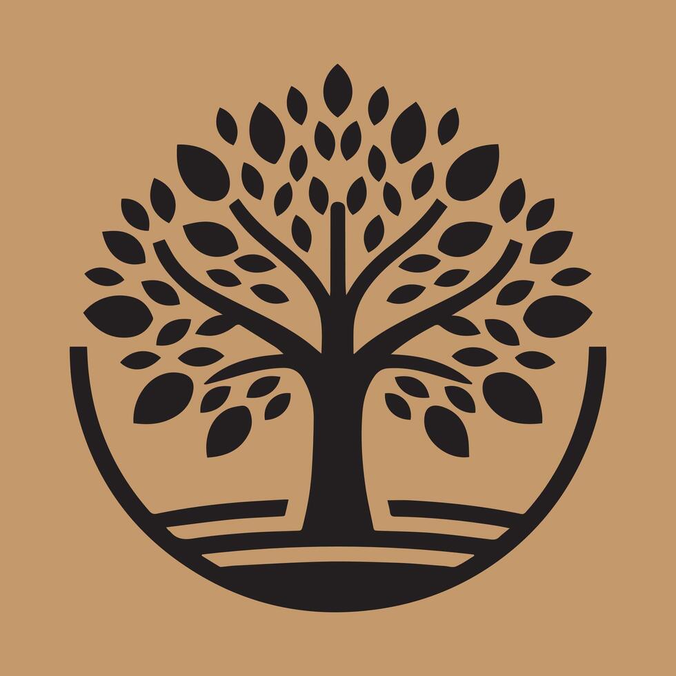 Black Silhouette Tree with Roots on Brown Background - Elegant Nature Illustration, Botanical Art vector
