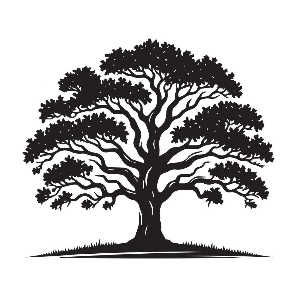 Black Silhouette of Majestic Oak Tree - Elegant Nature Illustration, Timeless Botanical Art vector