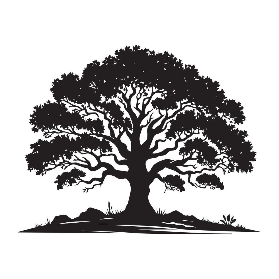 Black Silhouette of Majestic Oak Tree - Elegant Nature Illustration, Timeless Botanical Art vector