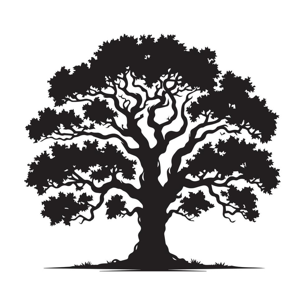 Black Silhouette of Majestic Oak Tree - Elegant Nature Illustration, Timeless Botanical Art vector