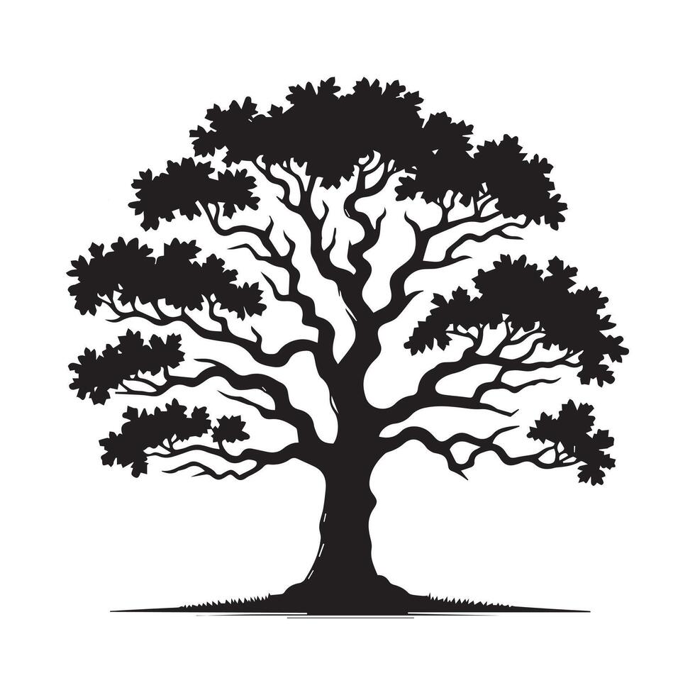 Black Silhouette of Majestic Oak Tree - Elegant Nature Illustration, Timeless Botanical Art vector