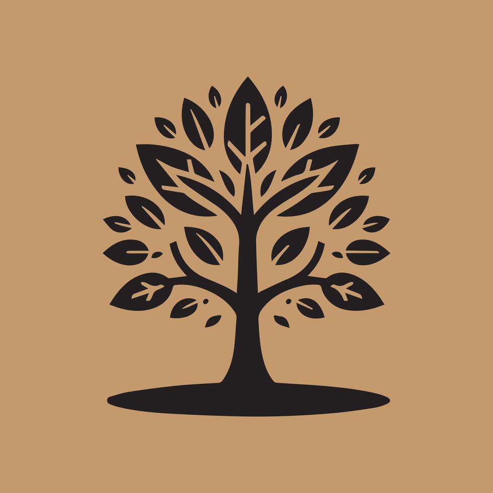 Black Silhouette Tree with Roots on Brown Background - Elegant Nature Illustration, Botanical Art vector