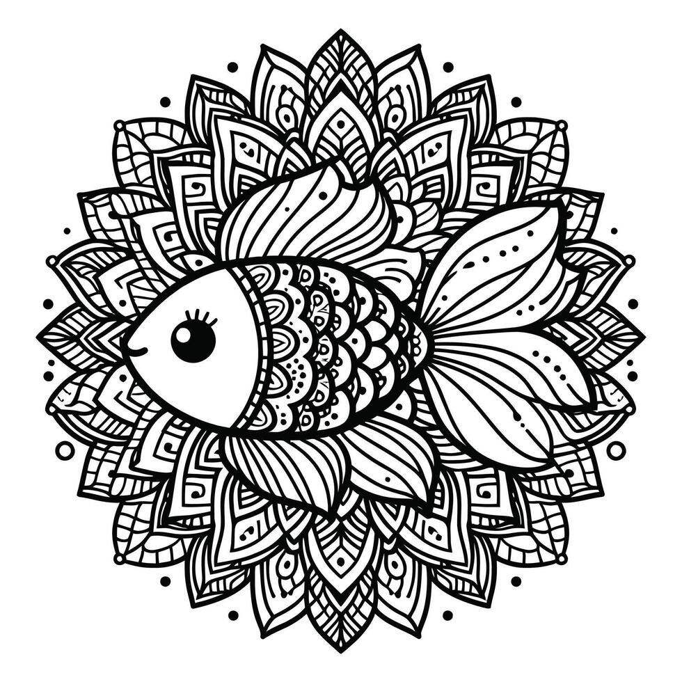 Intricate Black and White Fish Illustration with Decorative Patterns, Perfect for Coloring Pages or Tattoos vector