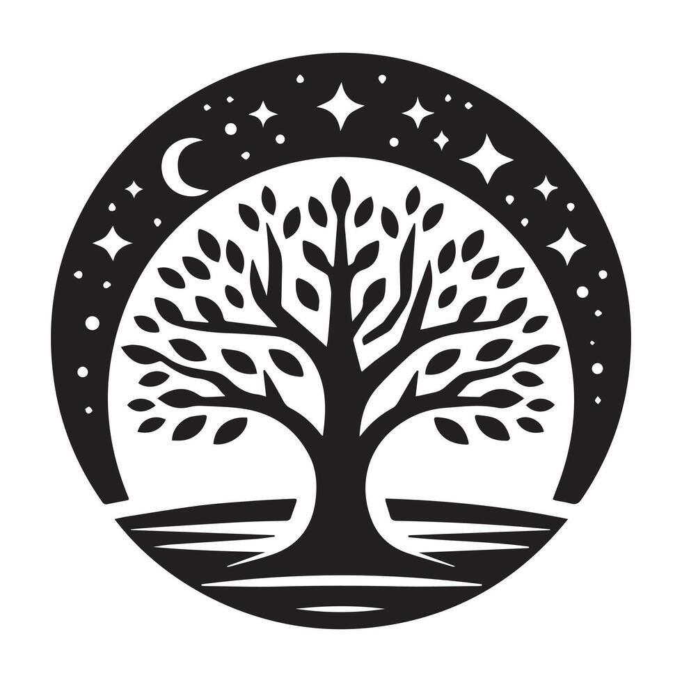 Black tree silhouette with roots and branches resembling a symmetrical pattern vector