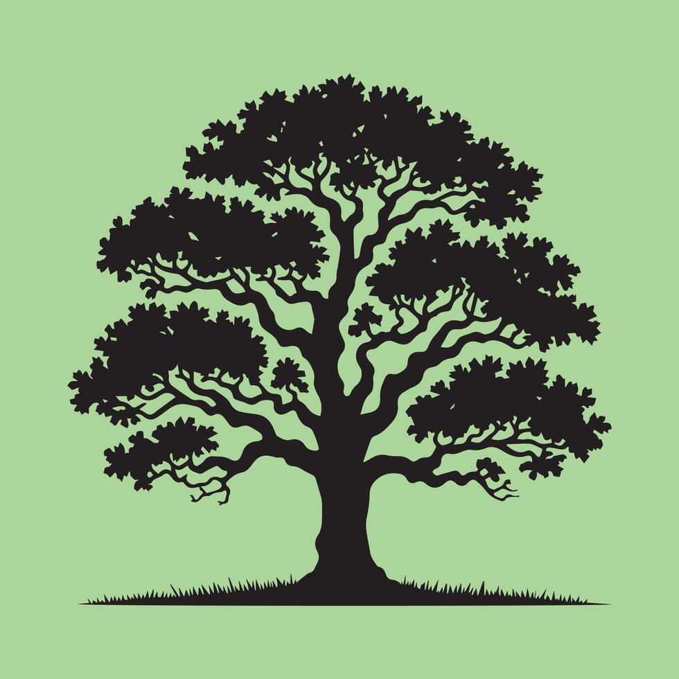 Black Silhouette Tree with Roots on green Background - Elegant Nature Illustration, Botanical Art vector