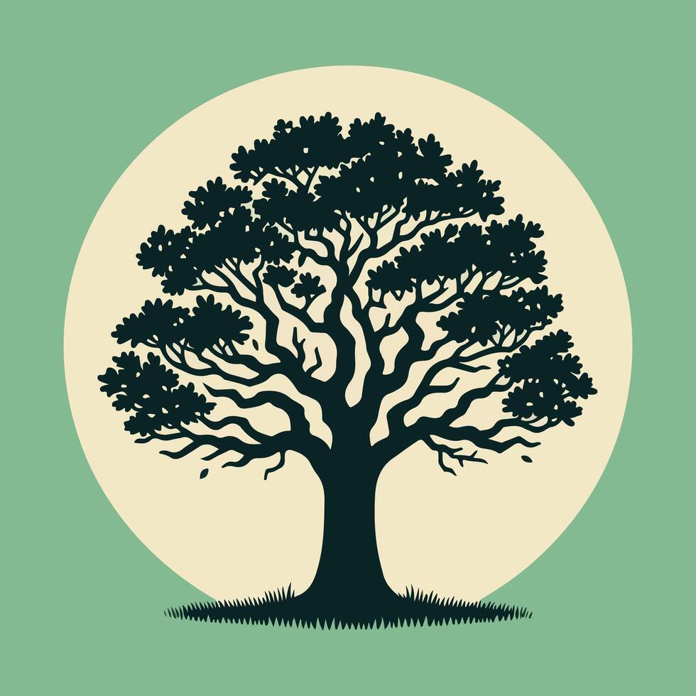 Black Silhouette Tree with Roots on green Background - Elegant Nature Illustration, Botanical Art vector
