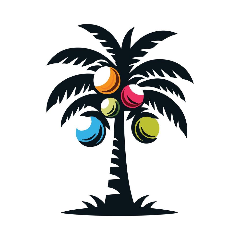 Colorful Palm Tree Illustration with Coconuts - Vibrant Tropical Art, Exotic Summer Design vector