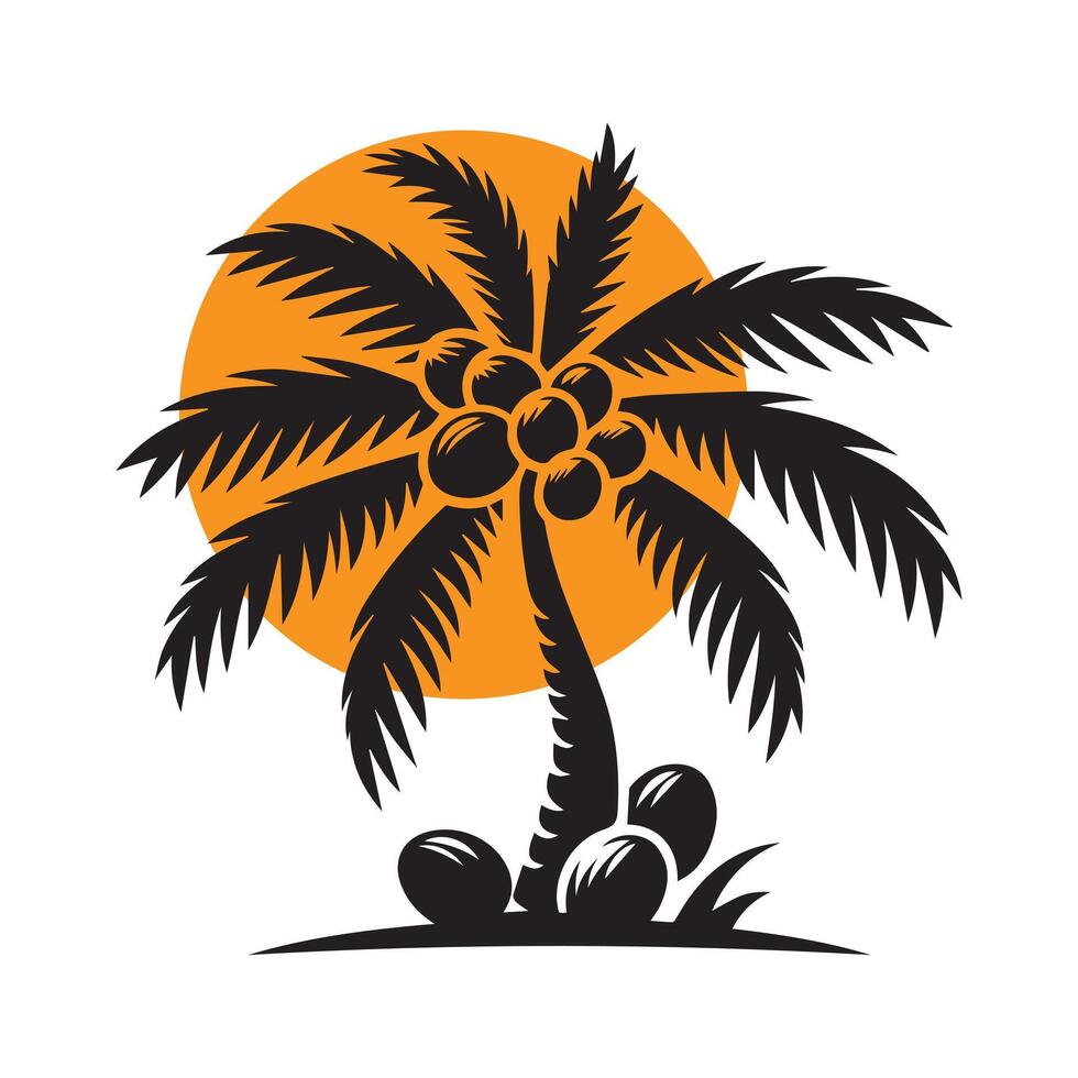 Black silhouette Palm Tree Illustration with Coconuts and sun Vibrant Tropical Art, Exotic Summer Design vector