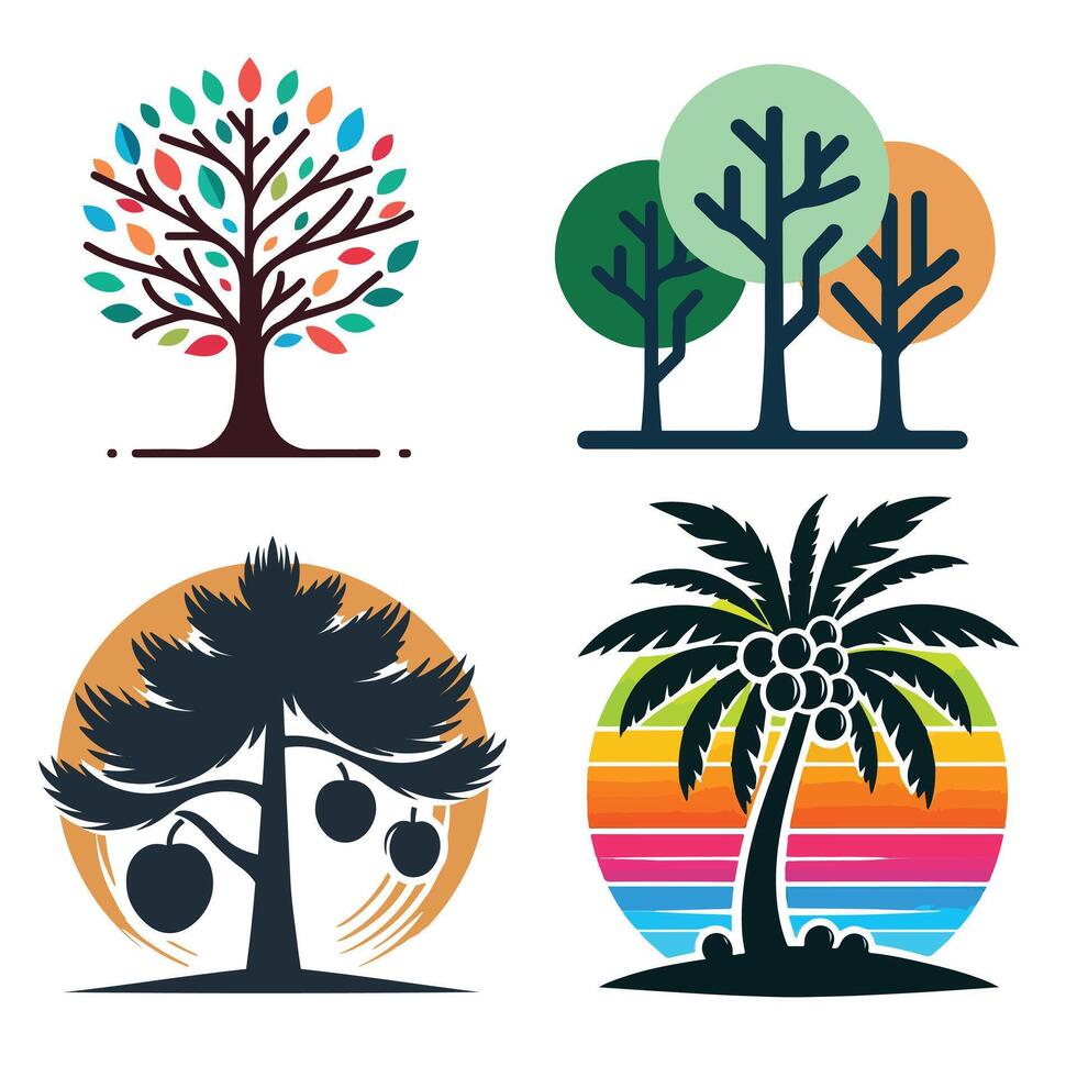 Colorful Tropical Palm Trees Illustrations Set - Vibrant Summer, Beach, Vacation, Exotic Nature Designs vector