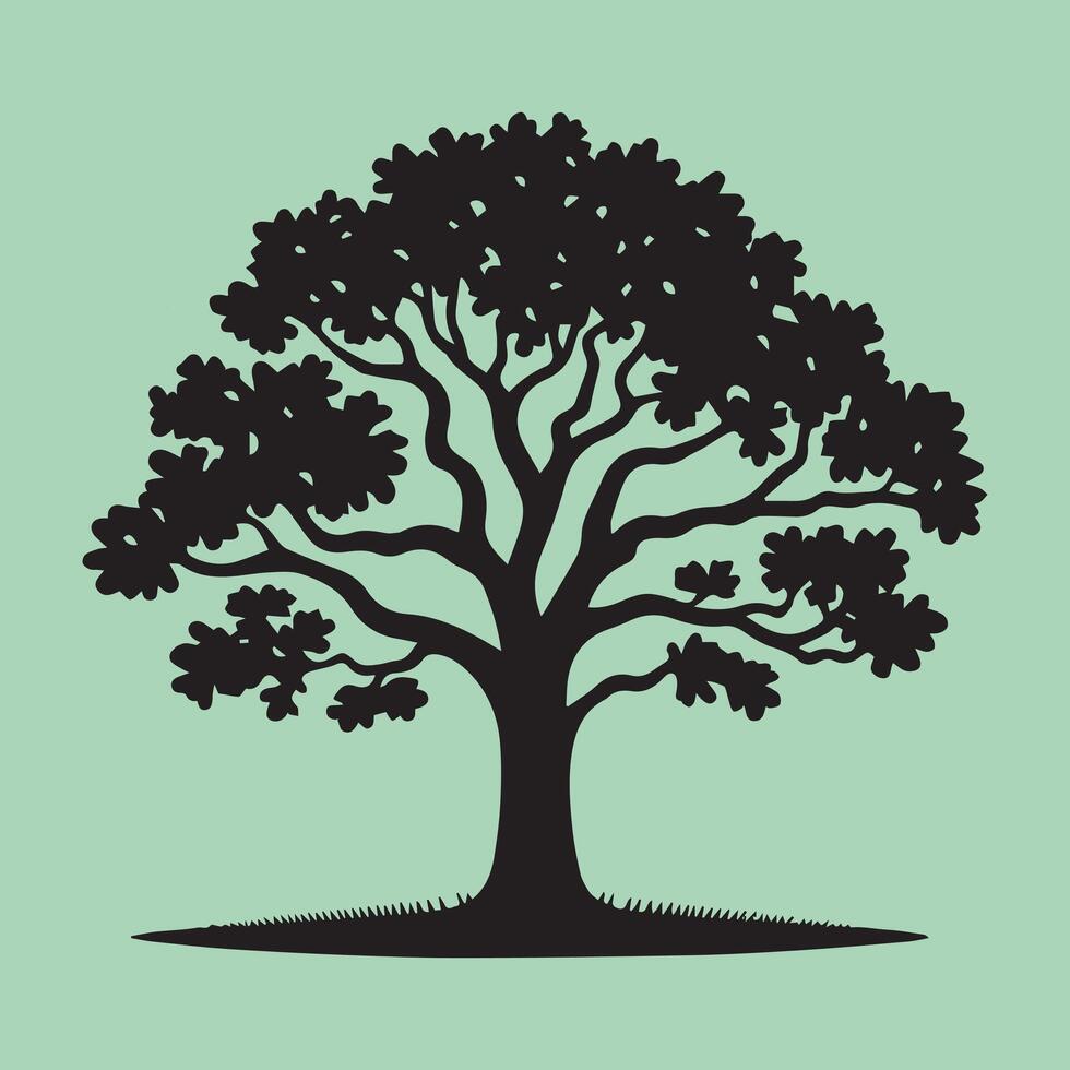 Black Silhouette Tree with Roots on green Background - Elegant Nature Illustration, Botanical Art vector