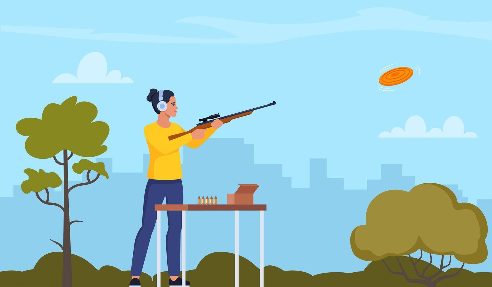 Woman with shotgun practicing clay pigeon shooting. illustration for web and mobile design. vector