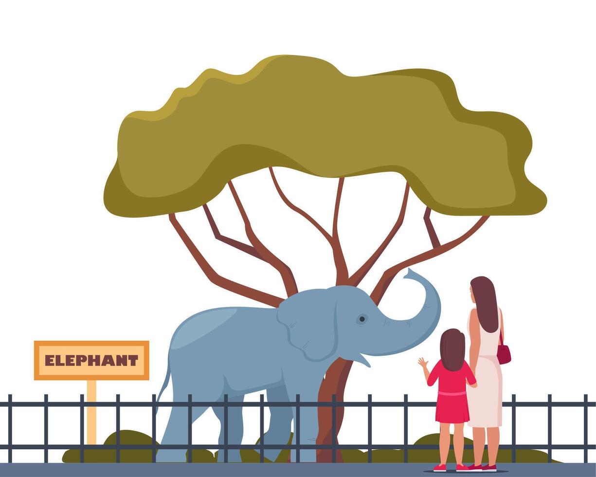 Elephant on territory of wildlife zoo park surrounded by fence. Parent and kid watching animals in zoo park. illustration. vector