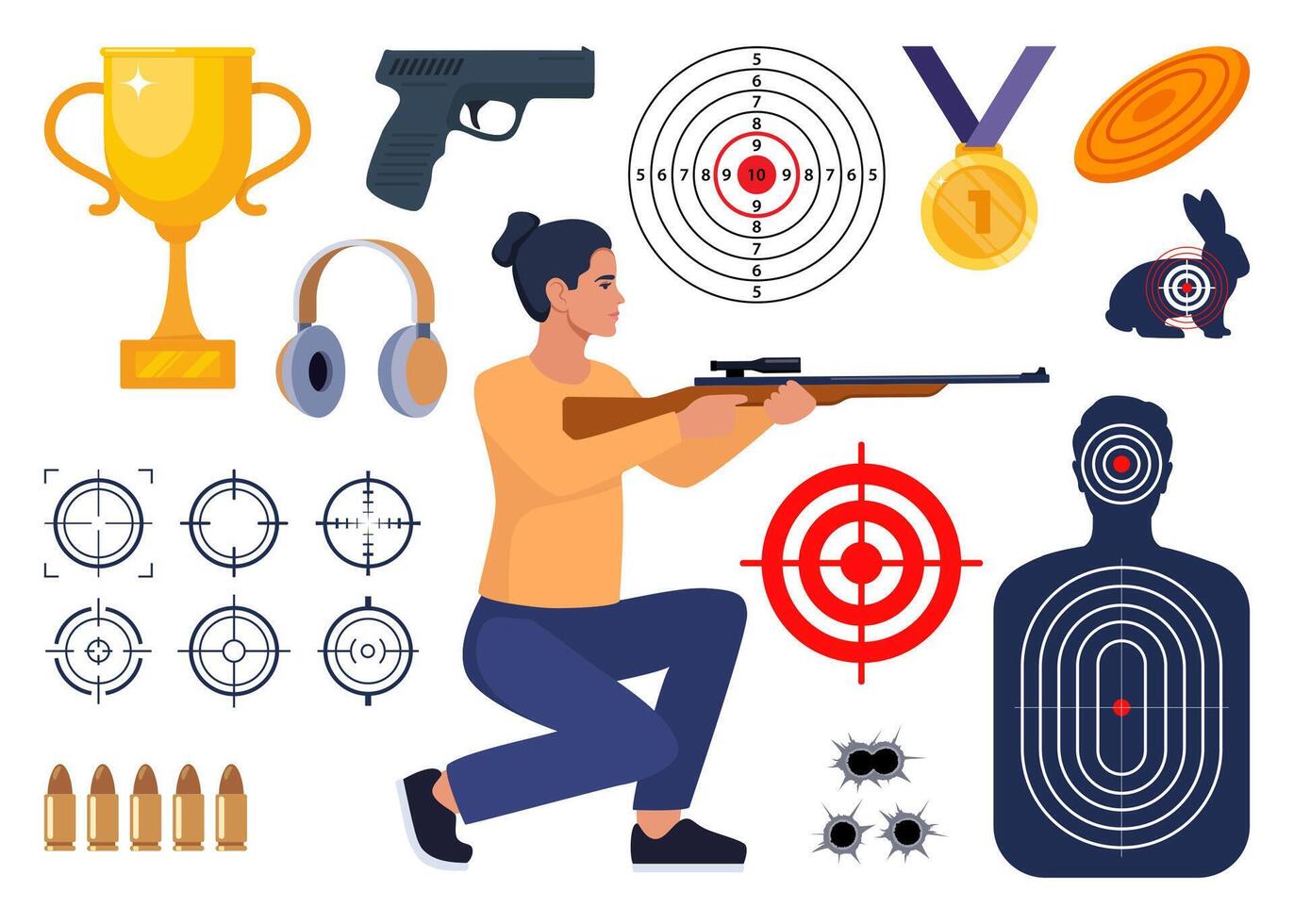 Shooting and hunting equipment elements. Shooting Skeet. Shooting club and range weapons and accessories. Shooter, rifle, bullet, headphones, gold cup, medal. Human, animal shoot target. . vector