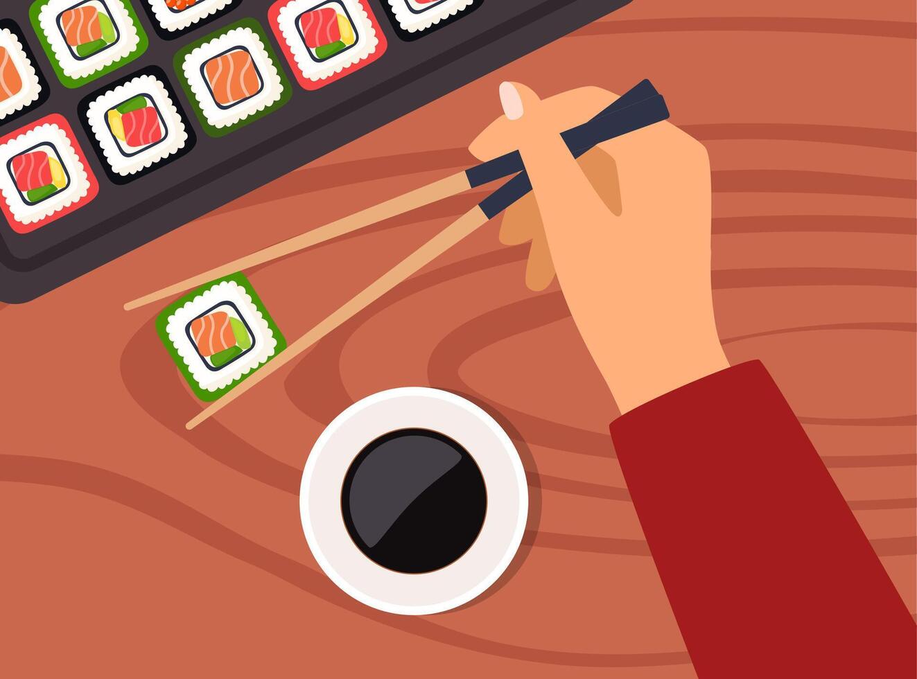 Sushi on wooden board with sushi chopsticks and soy sauce. Hand holds chopsticks with sushi. Hand holds bamboo sticks. Sushi illustration with trout fish, salmon and caviar. illustration. vector
