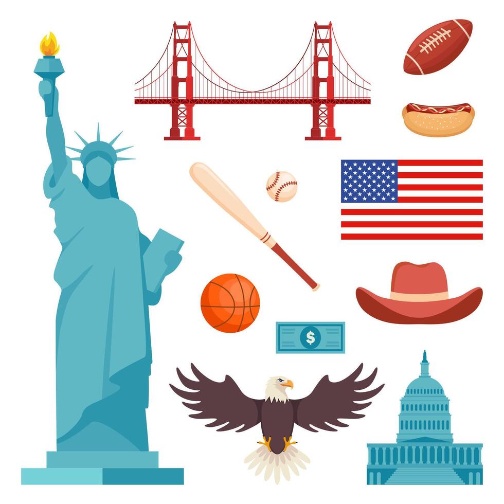 USA culture symbol set. Travel USA direction concept. American culture and history icons. . vector