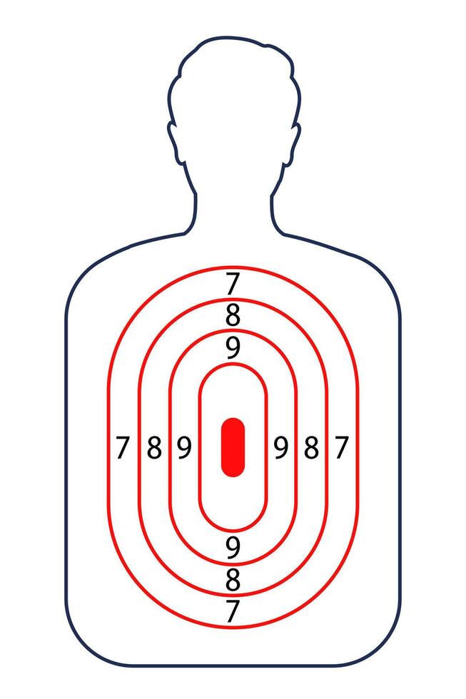 Human shoot target. Firearm and archery shooting range practicing human torso silhouette, sniping sport competition, military or police weapon training. target with scoring sections. vector