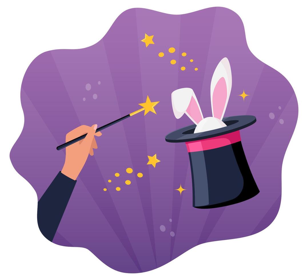 Magic hat with bunny ears. Magician hat with rabbit. Circus show, abracadabra wand in magicians hand. Magic rabbit in hat, bunny trick. illustration. vector