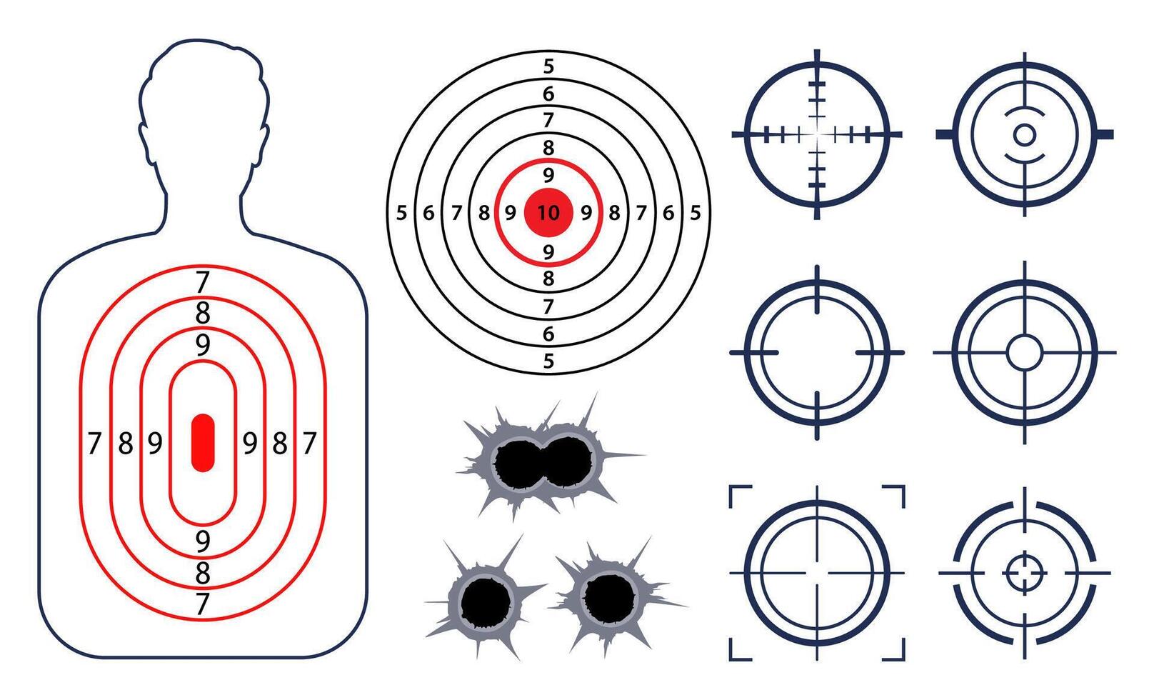 Human shoot target. Target and aim, targeting and aiming. Target or aim symbol. Military rifle scope, shooting mark. target with scoring sections. vector