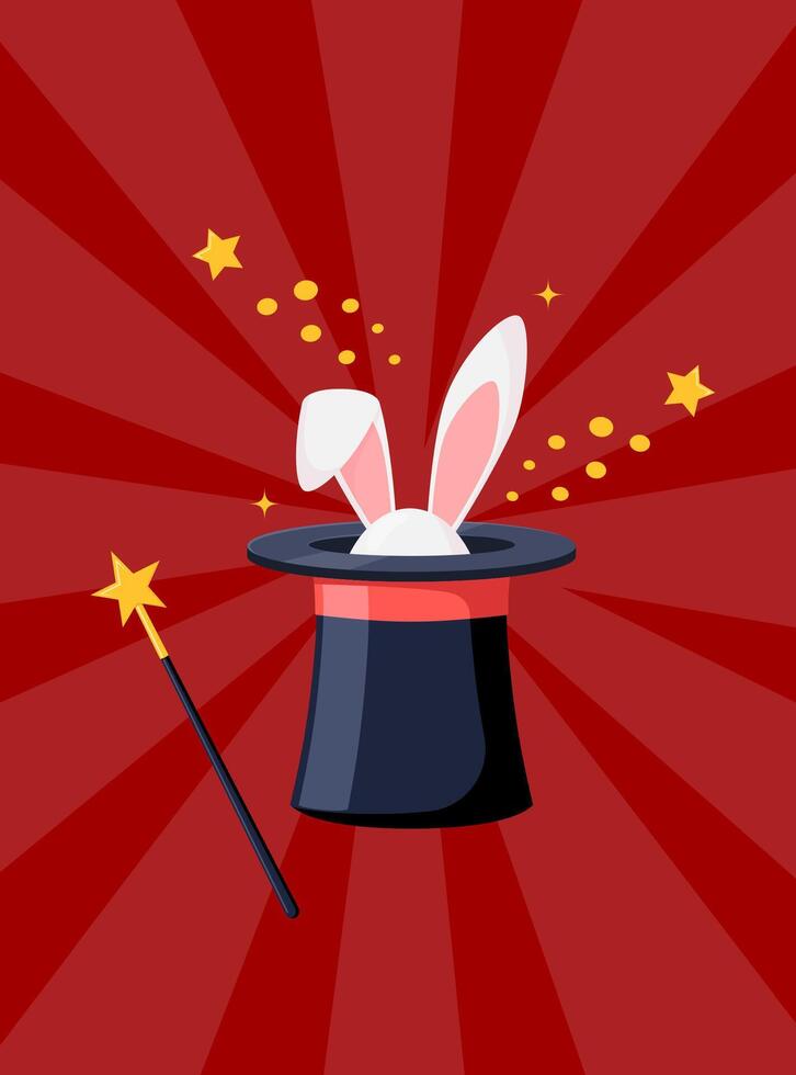 Magic hat with bunny ears. Magician hat with rabbit. Circus show, abracadabra wand. Magic rabbit in hat, bunny trick. illustration. vector
