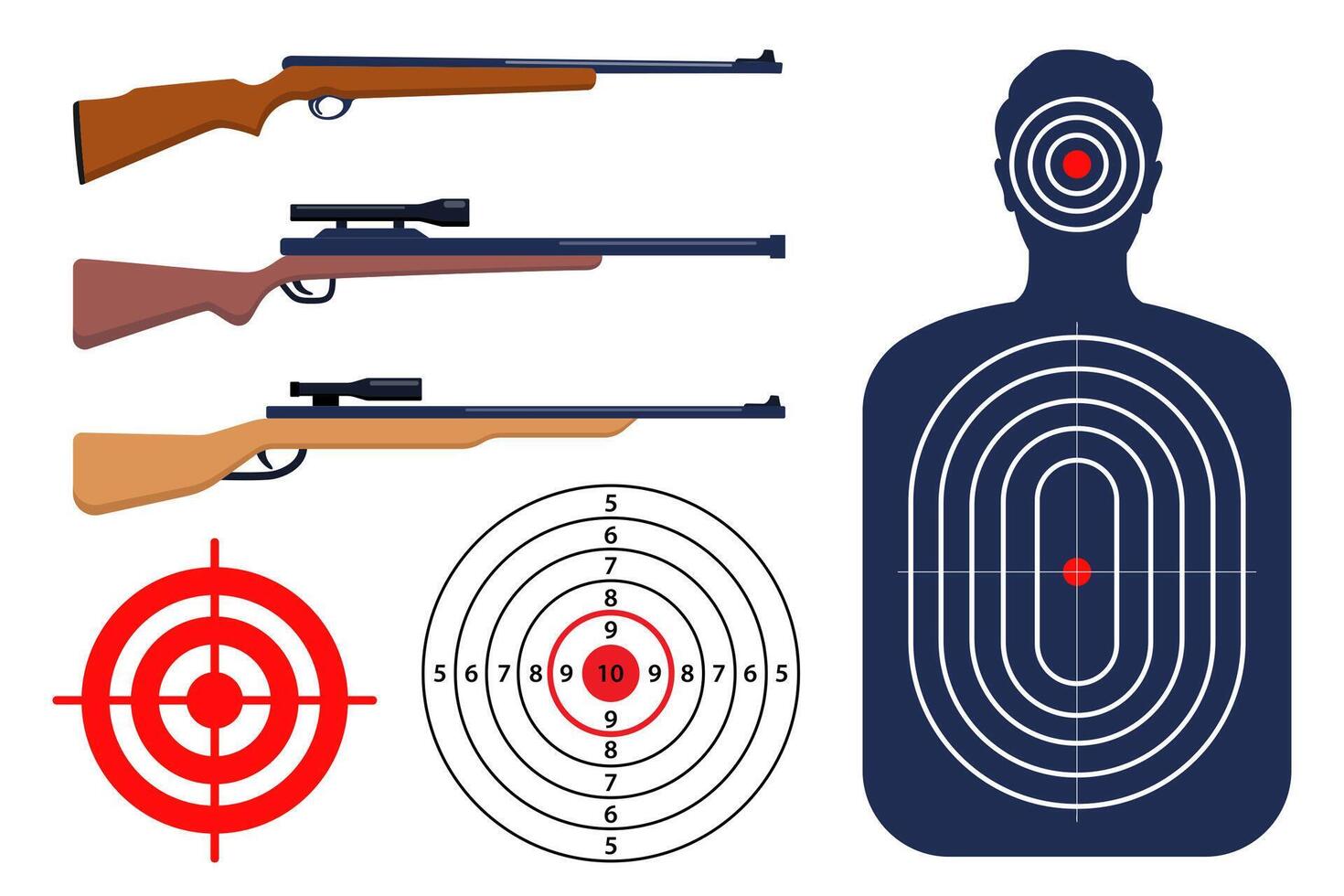 Collection of rifle. Shooting range paper target with divisions, marks and numbers. Human shoot target. Sport competition and hunting. Bullseye and aim. illustration. vector