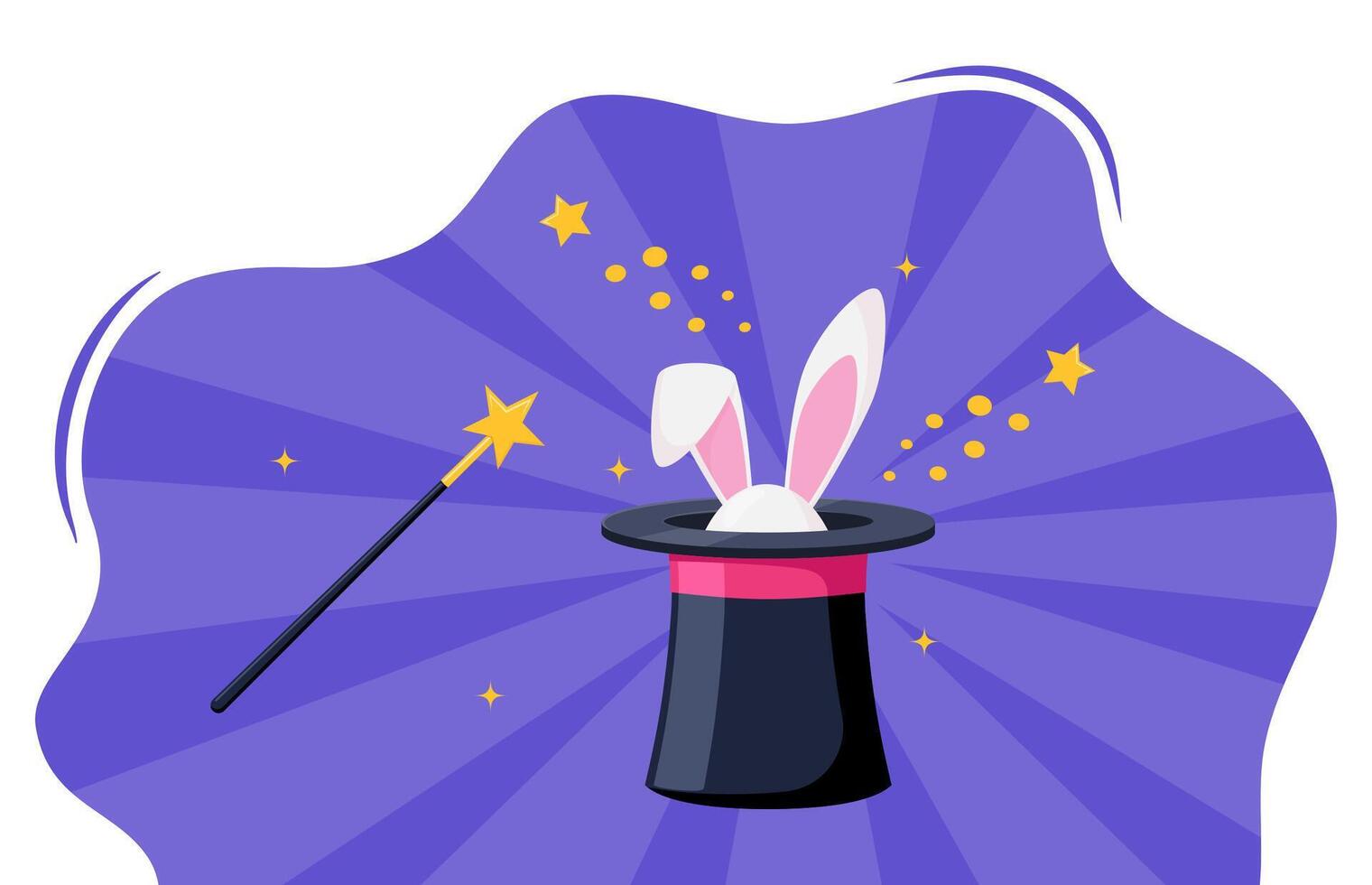 Magic hat with bunny ears. Magician hat with rabbit. Circus show, abracadabra wand. Magic rabbit in hat, bunny trick. illustration. vector