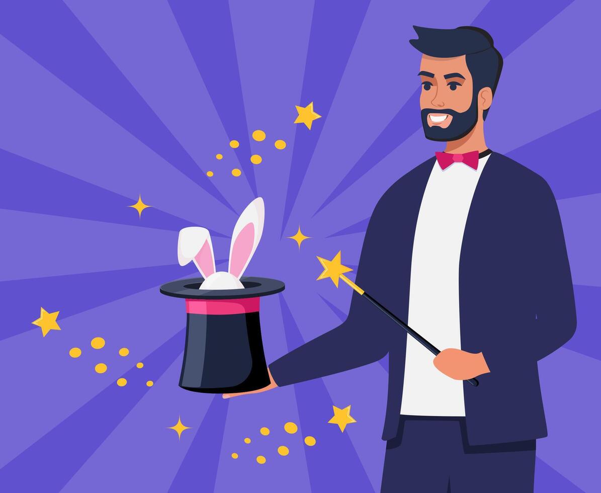 Illusionist, magician demonstrating trick and taking rabbit out of top hat. Concept of stage magic performance, magical illusion. illustration for banner, poster. vector