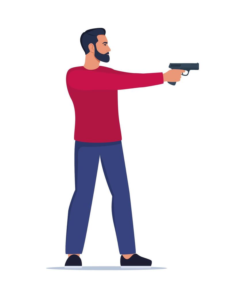 Sport shooting. Aiming man with pistol. Outdoor hobby, shooting. Man shooter defends property. Military outdoor skills. . vector