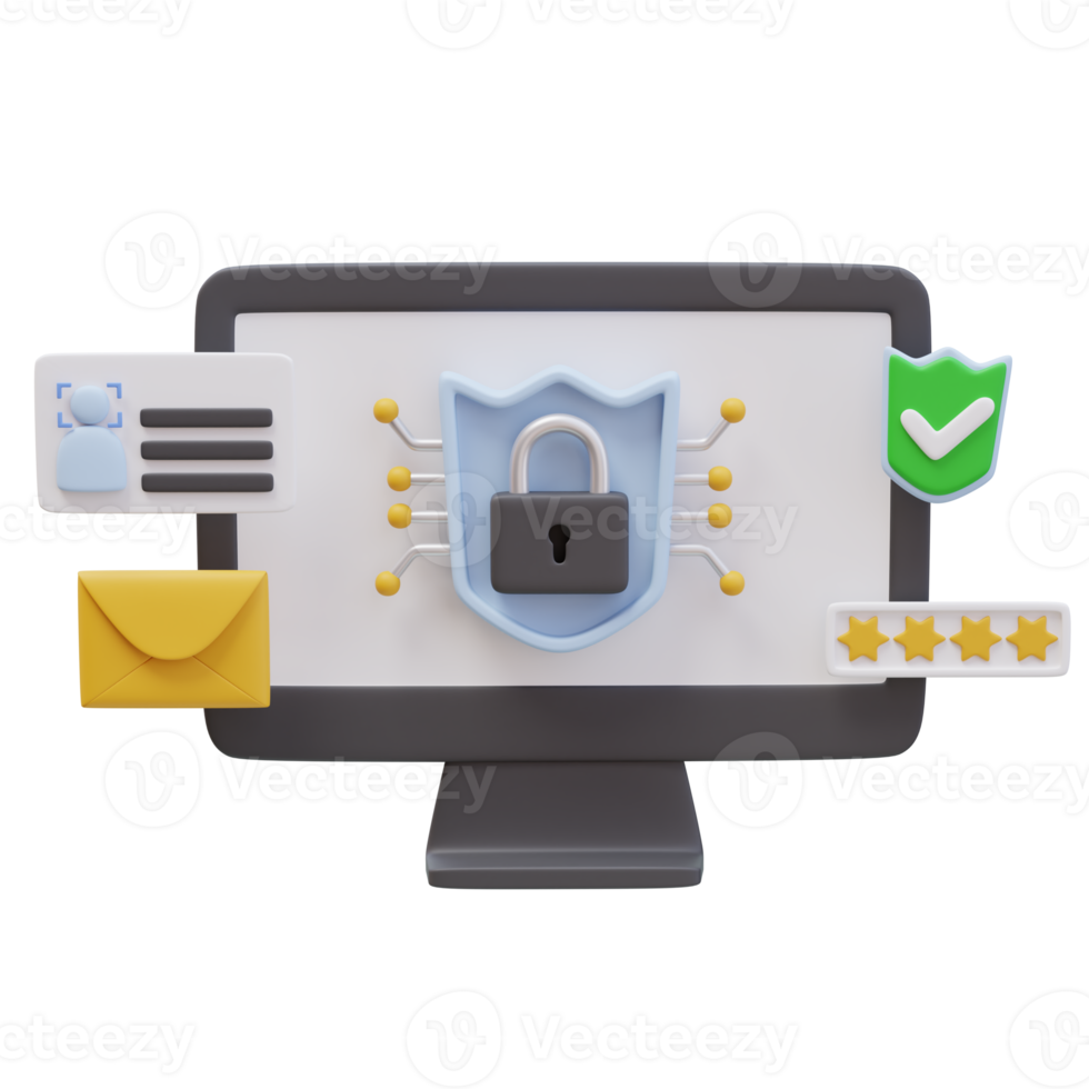3d Icon Monitor Padlock Shield ID Verification Envelope Password Check Mark. Cybersecurity Protection concept. 3d illustration for web or app png