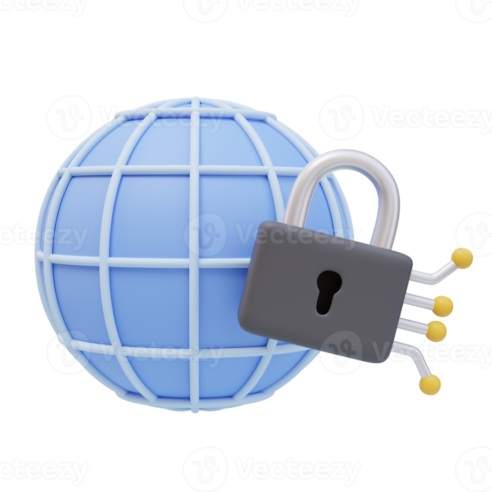3D Icon Globe Sphere Network Padlock. VPN. 3D illustration for web or app png