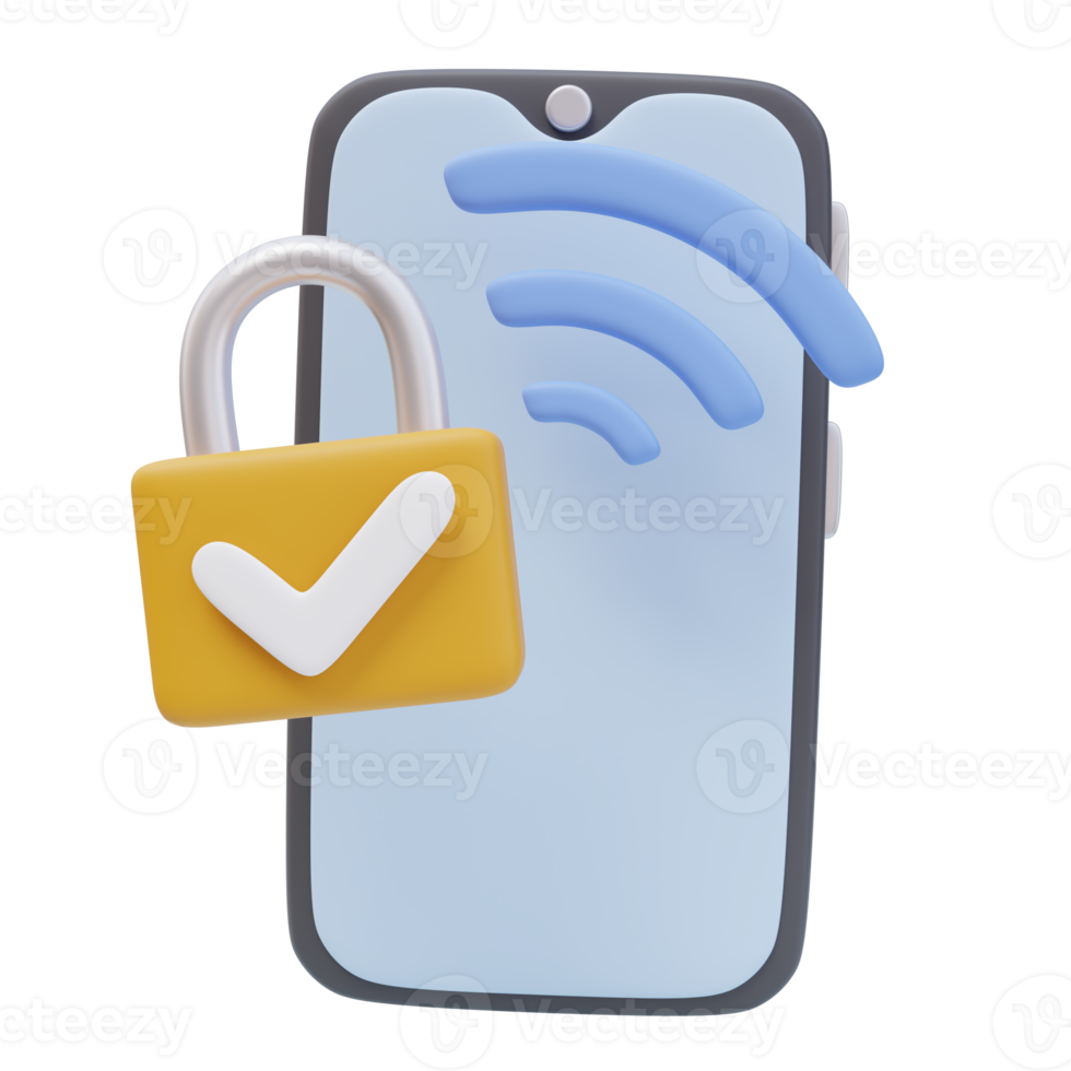 3D Icon Smartphone Yellow Padlock Approve Wifi Sign. Secured Devices Concept. 3D Render Illustration png