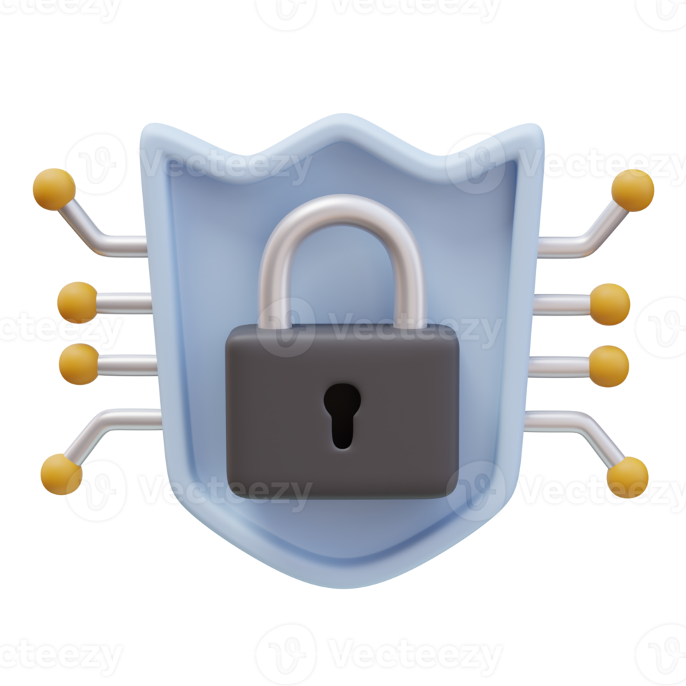 3D Icon Padlock Shield Network Cables. Cybersecurity network. Cybersecurity Protection concept. 3d illustration for web or app png