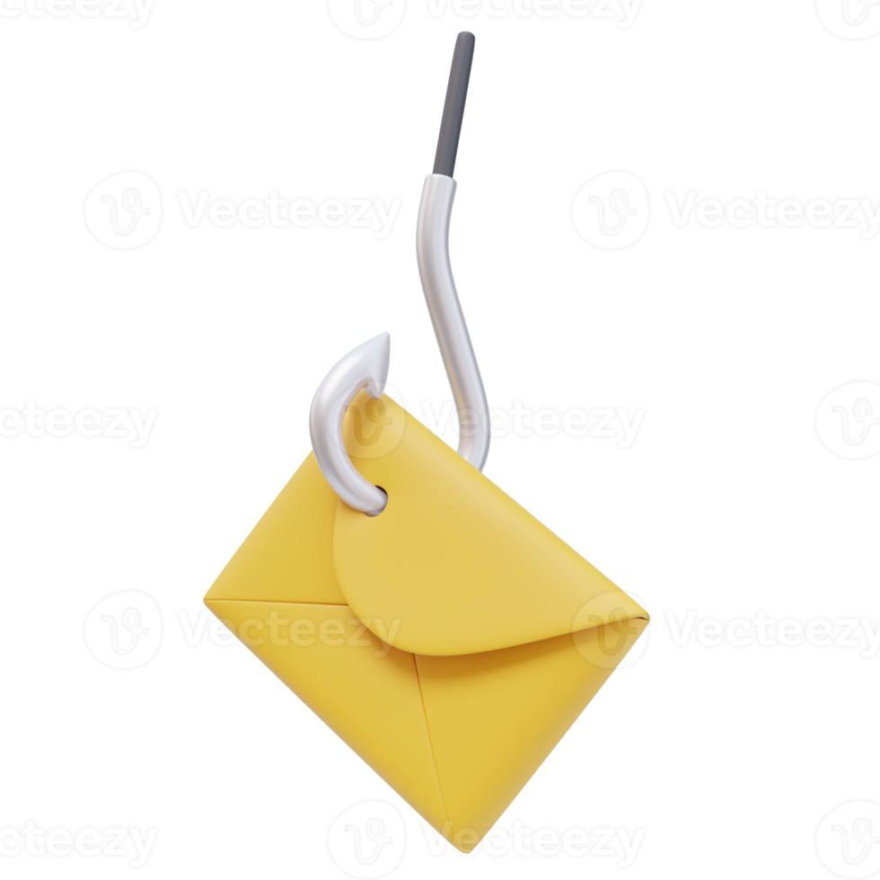 3D Icon Yellow Envelope Fishing Hook. Phishing Spam Fraud Concept. 3D Render Illustration png