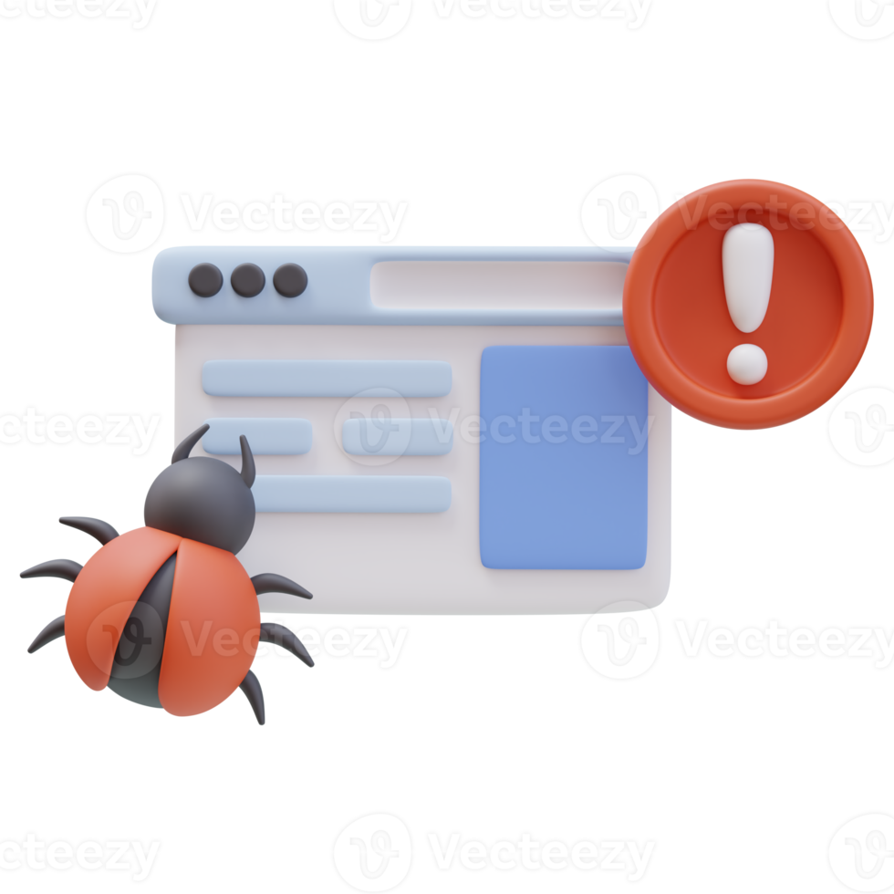 3d Icon Website Page Warning Sign Red Bug. Programming and Coding. Fixing Bug. Web Development, Software Testing, Finding Bugs. 3D illustration for web and app png