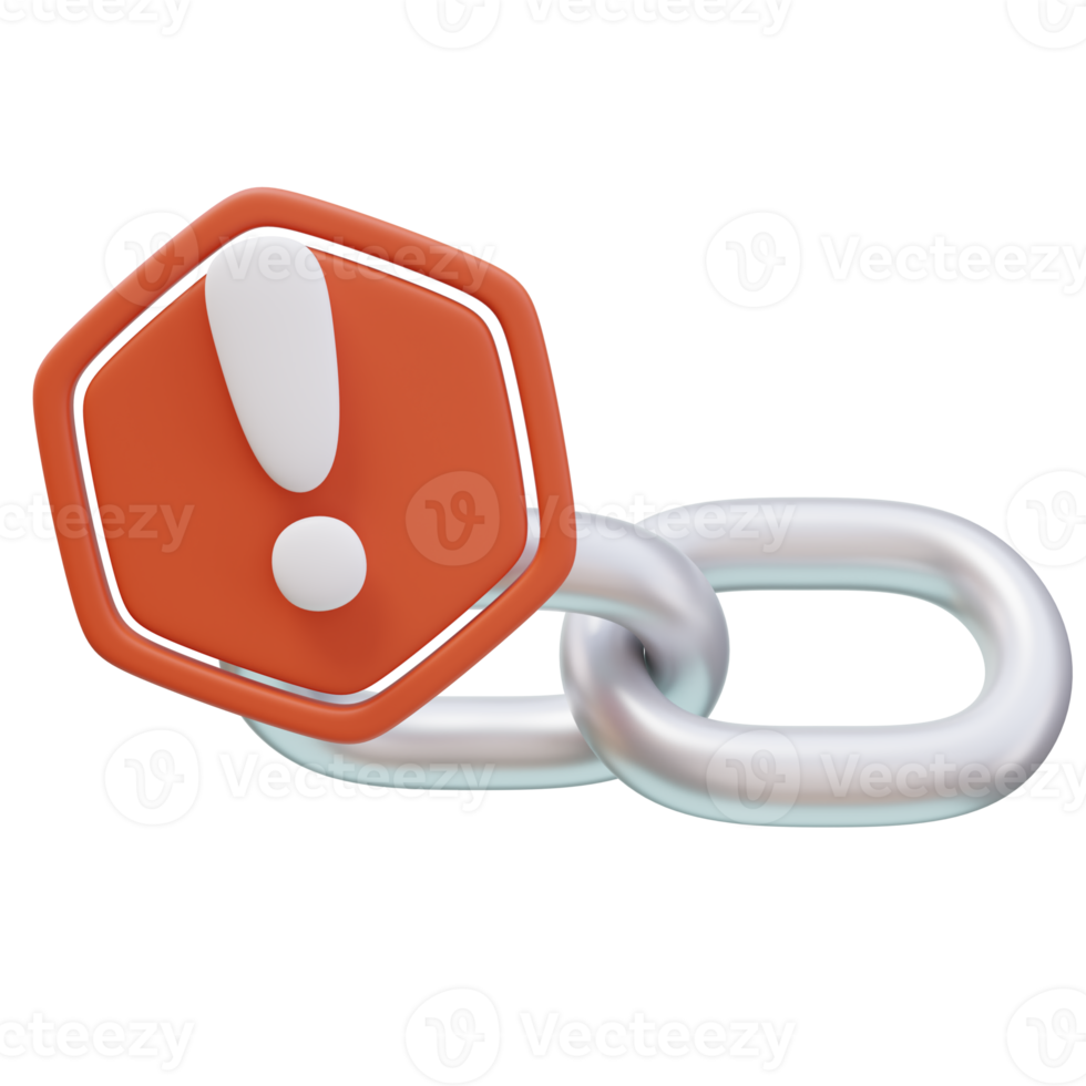 3d Icon Chain Warning Exclamation Sign. Link Warning. Cybersecurity Protection concept. 3d illustration for web or app png