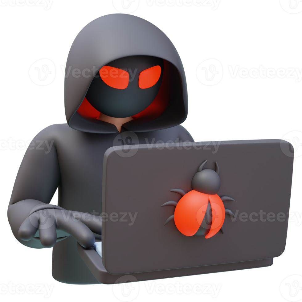 3d Icon Hacker Black Hoodie Red Eyes Laptop Bug. Hacker Stealing. Cybersecurity Protection concept. 3d illustration for web or app png