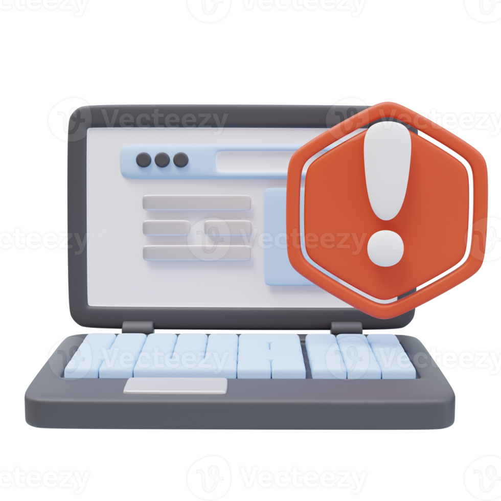 3D Icon Open Laptop Website Page Warning Exclamation Red Sign. Security Alert Concept. 3D Render Illustration png