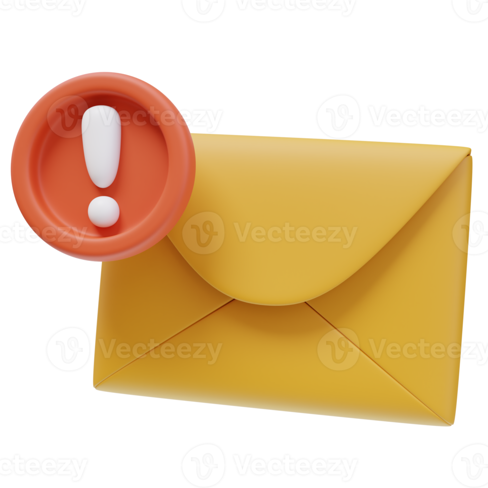 3d Icon Yellow Envelope Red Warning Exclamation Sign. Email Spam. Cybersecurity Protection concept. 3d illustration for web or app png