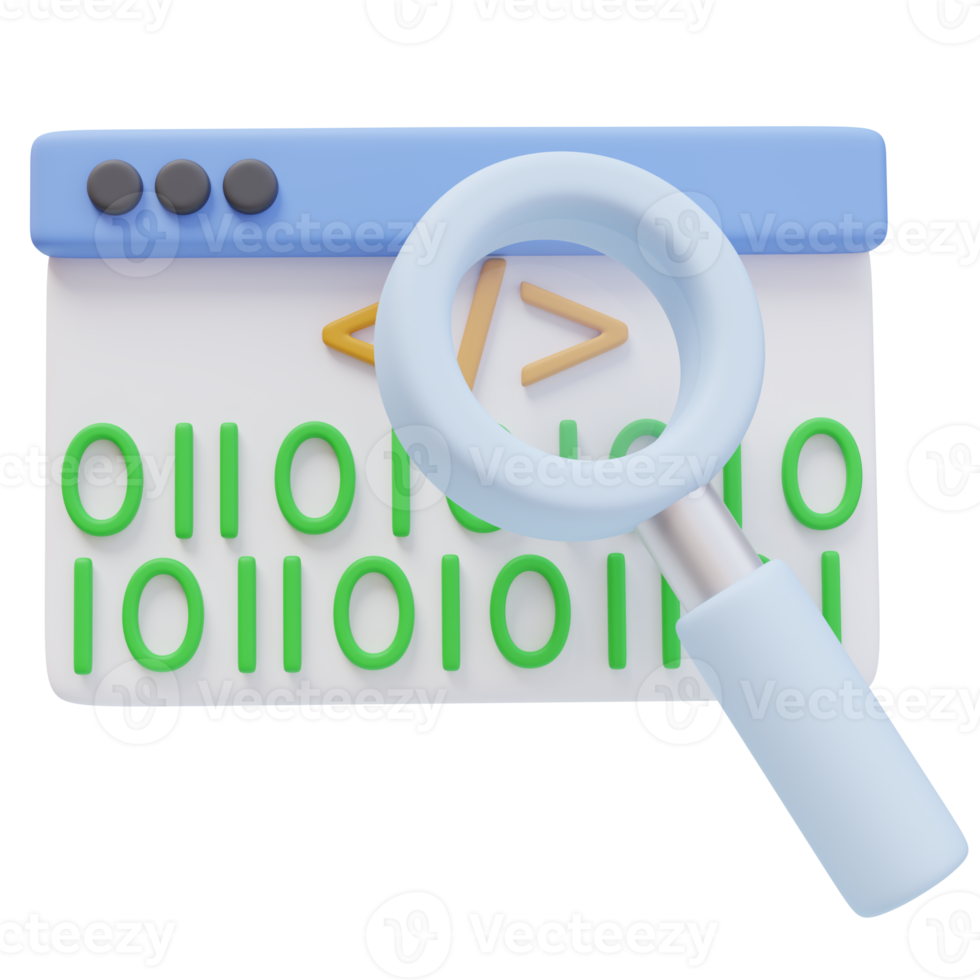 3D Icon Web Page Code Magnifying Glass. Vulnerability Scanning. 3D illustration for web or app png