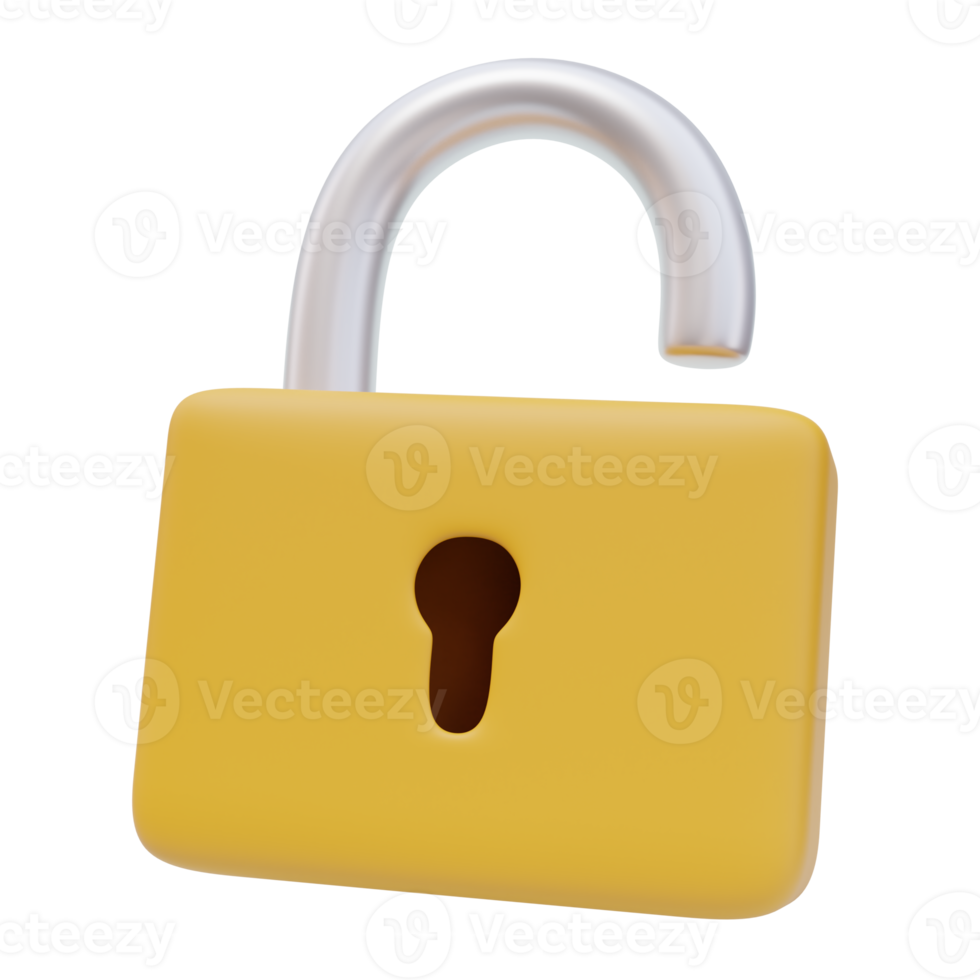 3D Icon Open Yellow Padlock. Security Safety Concept. 3D Render Illustration png