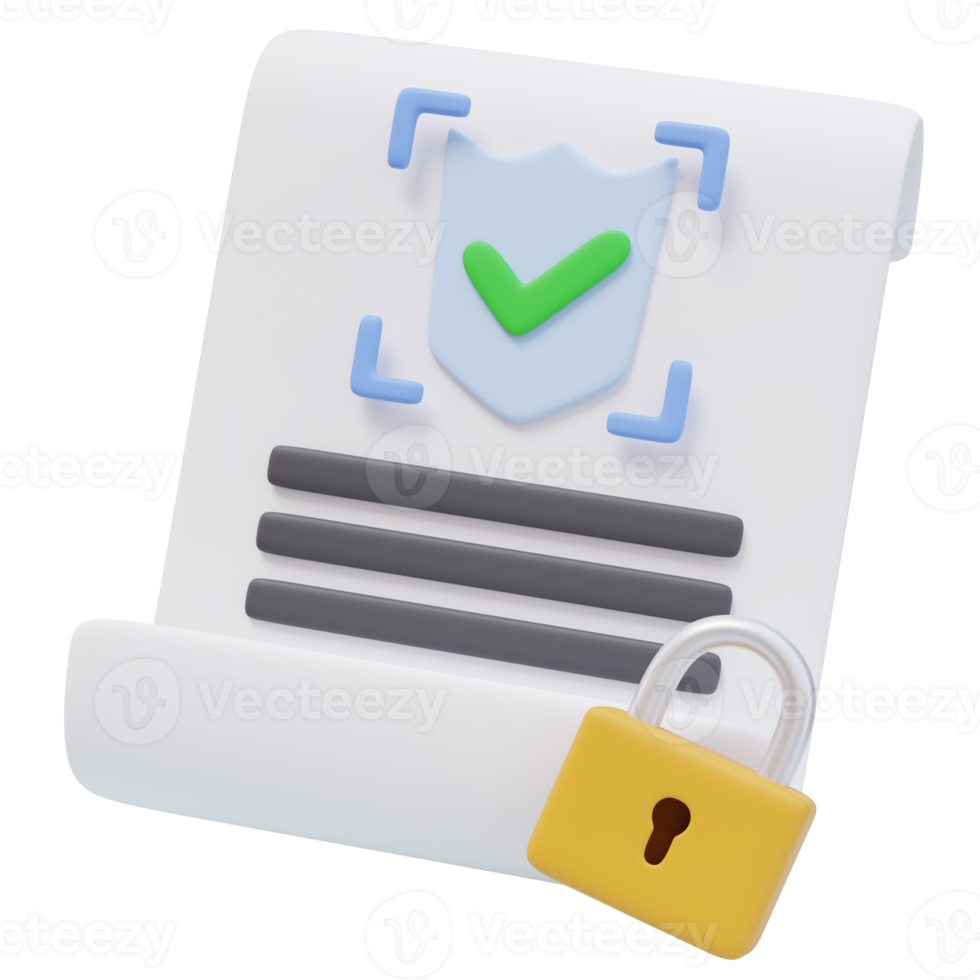 3D Icon Sheet Paper Shield Approve Yellow Padlock. Security Certificate Concept. 3D Render Illustration png