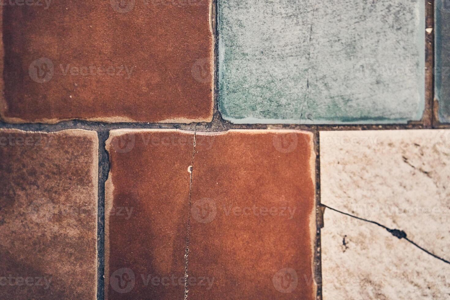 Old vintage, geometric patchwork mosaic ornament, tile. Texture of stone tiles on the floor with space to copy photo