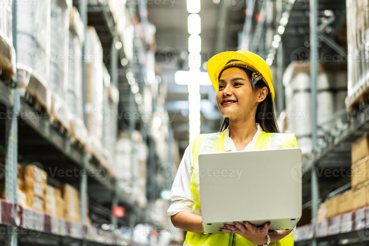 Smiling asian woman warehouse worker doing stocktaking of products management in cardboard box on shelves in warehouse using laptop computer, logistic and business export photo