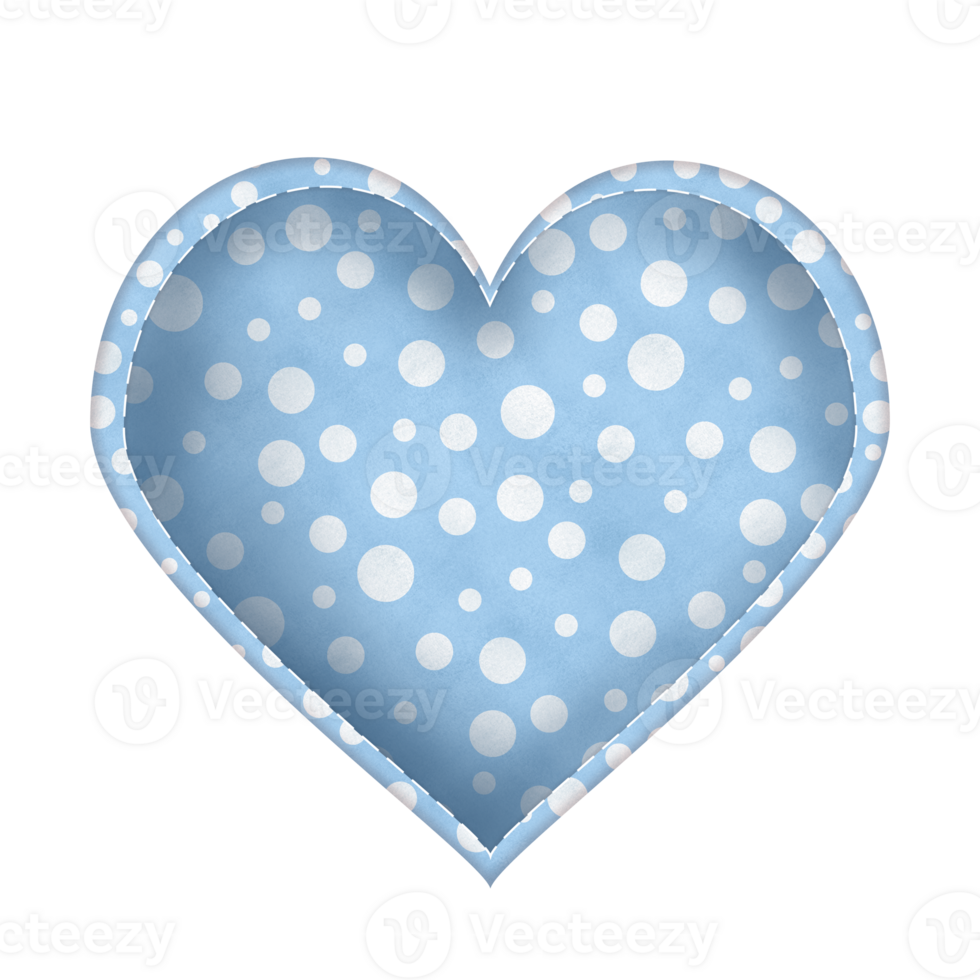 Fabric heart shaped illustration with blue and white polka dots pattern and stitches on watercolor texture. Hand-drawn watercolor. Raster clipart for postcards, invitations, scrapbooking design. png