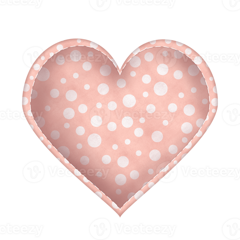 Fabric heart shaped illustration with pink and white polka dots pattern and stitches on watercolor texture. Hand-drawn watercolor. Raster clipart for postcards, invitations, scrapbooking design. png