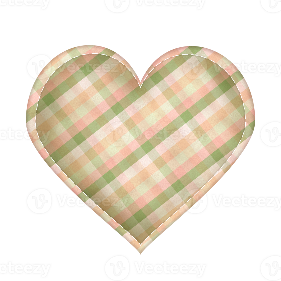 Fabric heart shaped element with plaid pattern and stitches on watercolor texture. Green, beige, yellow colors. Hand-drawn watercolor illustration. Raster clipart for postcards, scrapbooking design. png