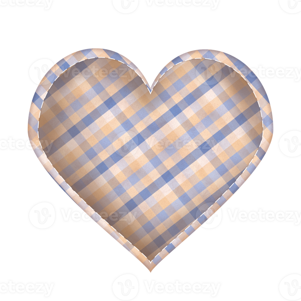 Fabric heart shaped design element with plaid pattern and stitches on watercolor texture. Blue, beige, yellow colors. Hand-drawn watercolor illustration. Clipart for postcards, scrapbooking design. png
