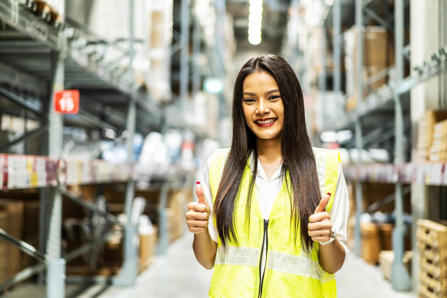 Portrait of smiling asian female staff in safety standing with showing thumbs up to look at the camera, Female asia engineer smiling at large warehouse work happy with good photo